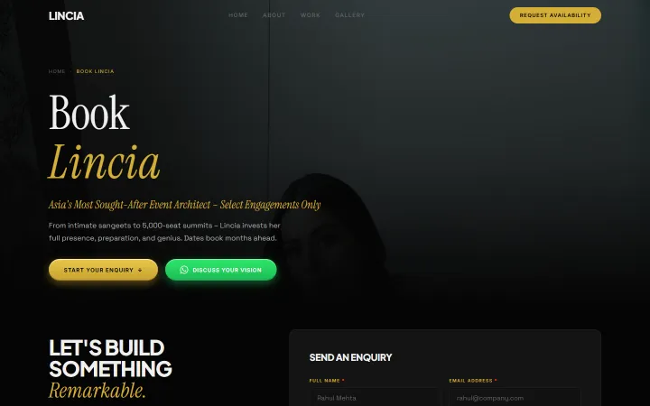 Book Lincia page with enquiry and WhatsApp buttons