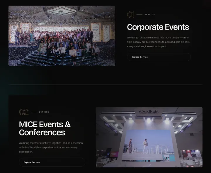Services page listing corporate events and MICE conferences