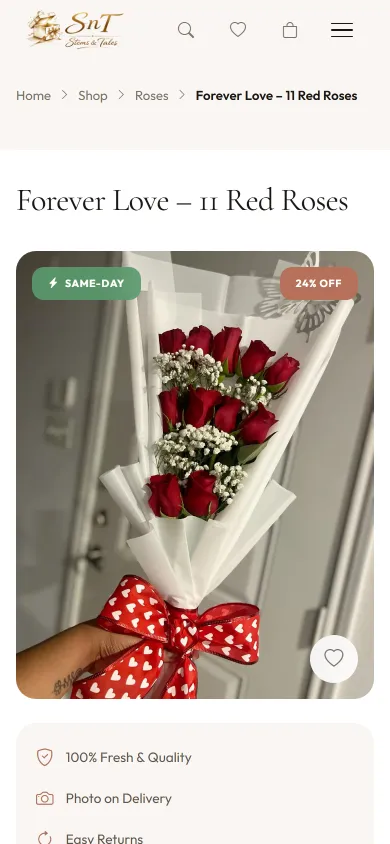 Stems N Tales product page on a phone