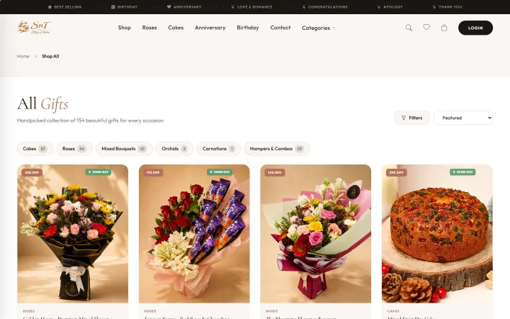 Stems N Tales shop page with product filters and gift cards