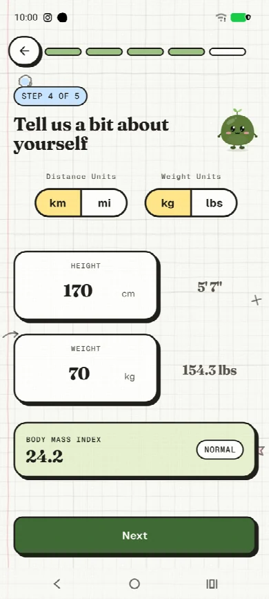 Stride onboarding: height and weight with the body mass index