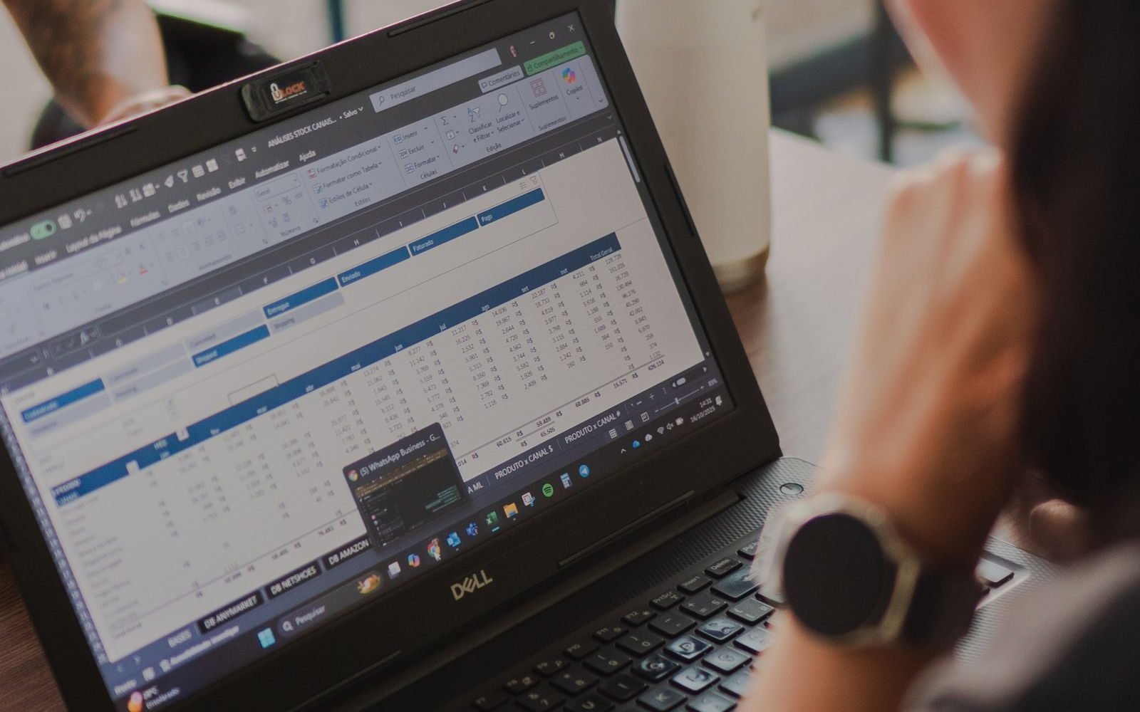 Person reviewing a sales spreadsheet on a laptop